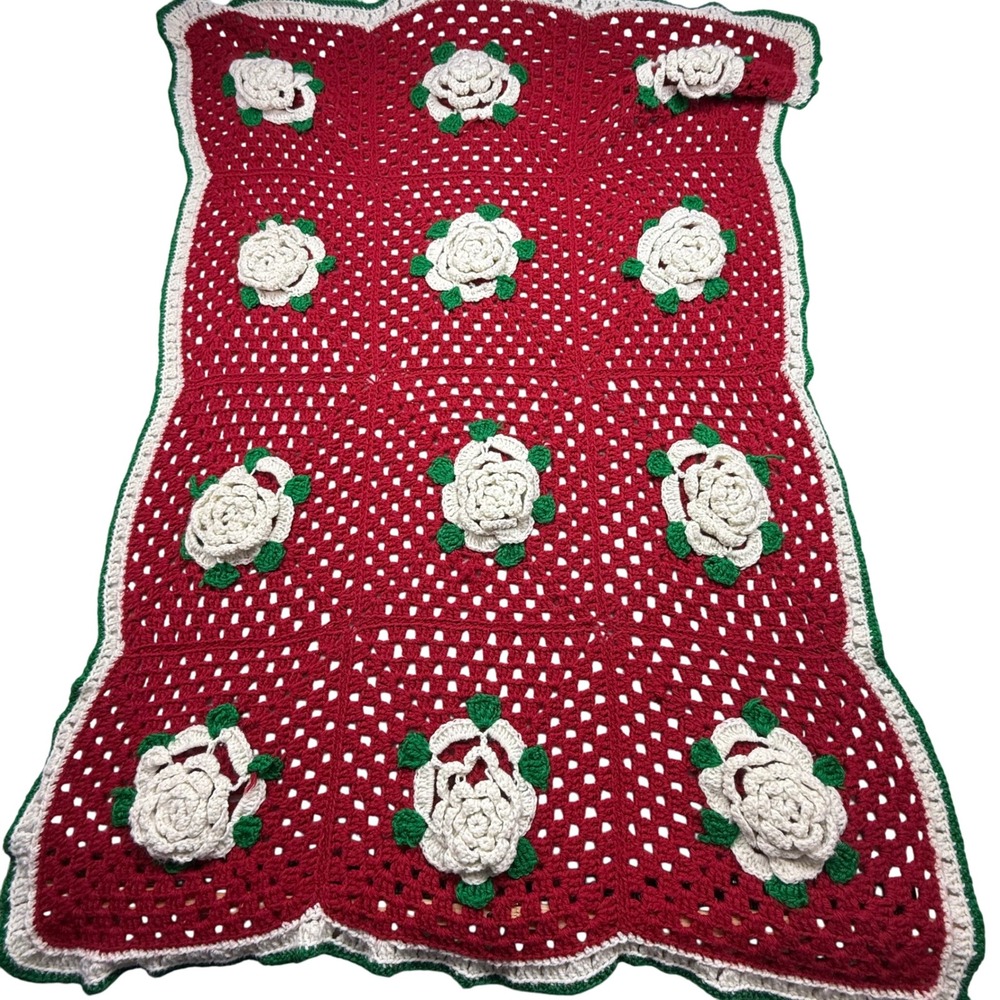 Handmade Crocheted Throw Blanket roses  Red‎ Floral Granny Afghan 54x36